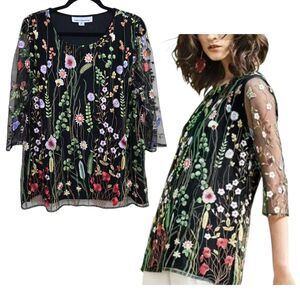 Caroline Rose Floral Embroidered Tunic Top Womens M Crewel Garden Walk sheer